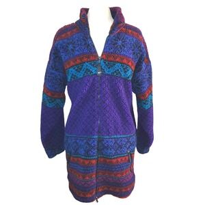 Helly Hansen VTG Purple Red Blue Tribal Pattern Fleece Full Zip Long Jacket L